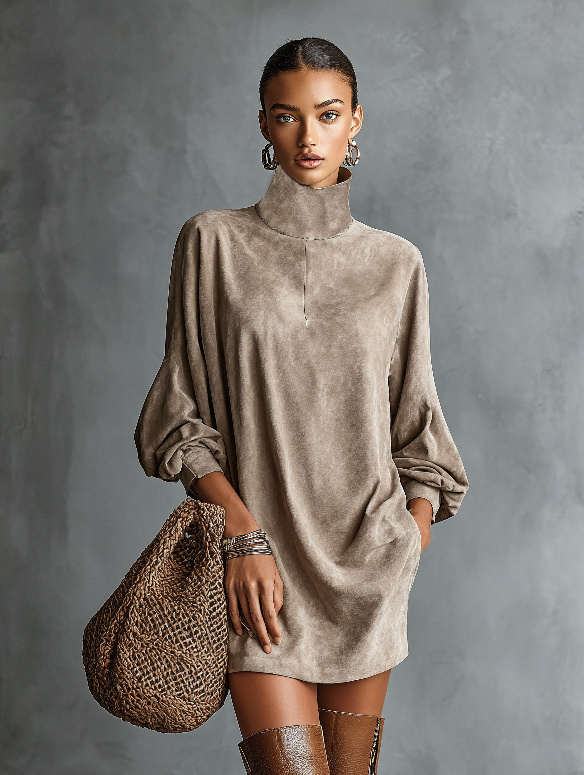 Mini Dress for Women in Minimalist Design, Loose Fit, Made of Suede-Like Fabric, with High Collar MDA2423K1Y
