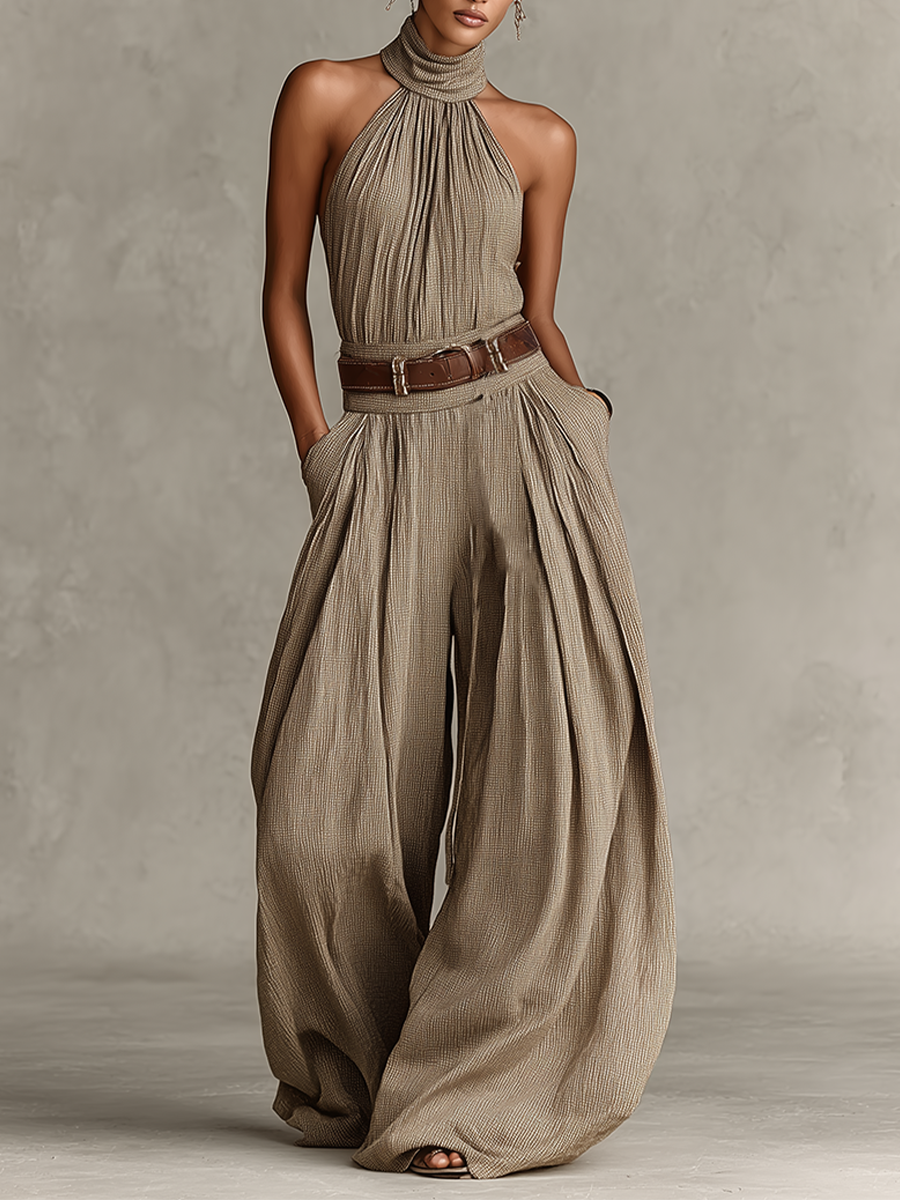 Women's Jumpsuit in Top Color with Cotton Blend, Halter Neckline and Wide Leg Silhouette, Timeless Boho-Elegant Style (No Belt) MDZ0940C3I