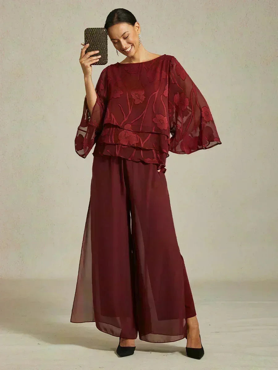 Straight Pants with Flowing Split Chiffon Layer