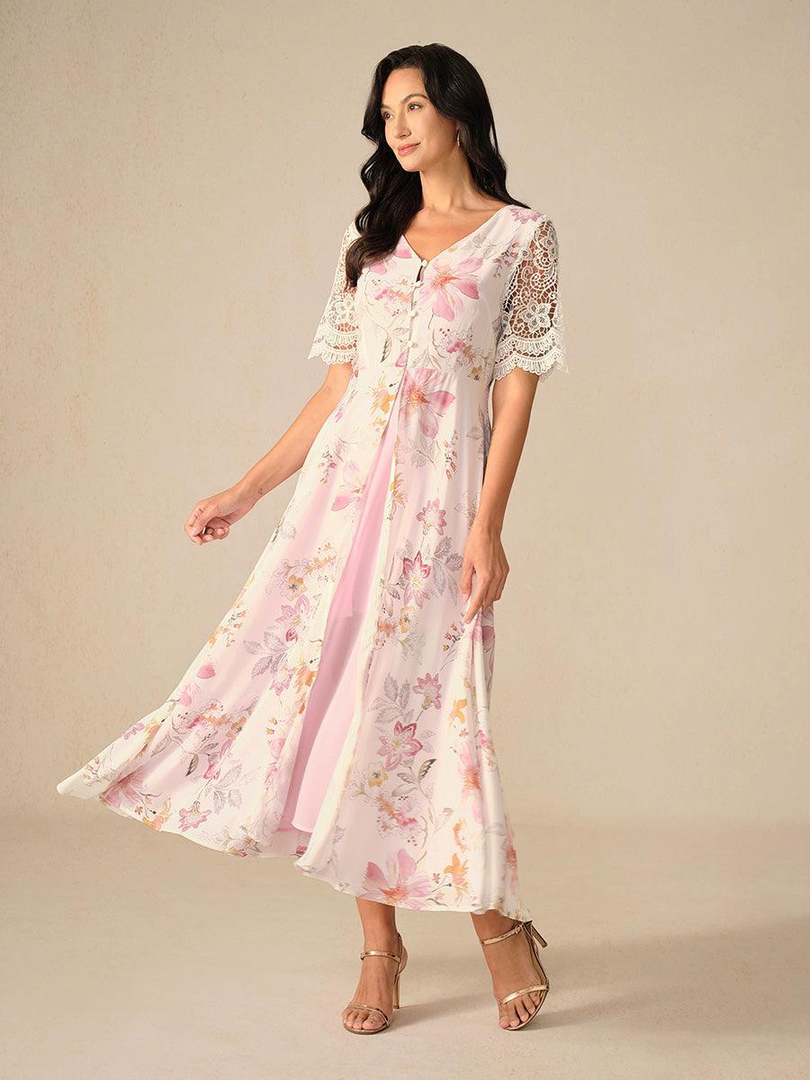 A-Line Floral Chiffon Dress with Lace Sleeve