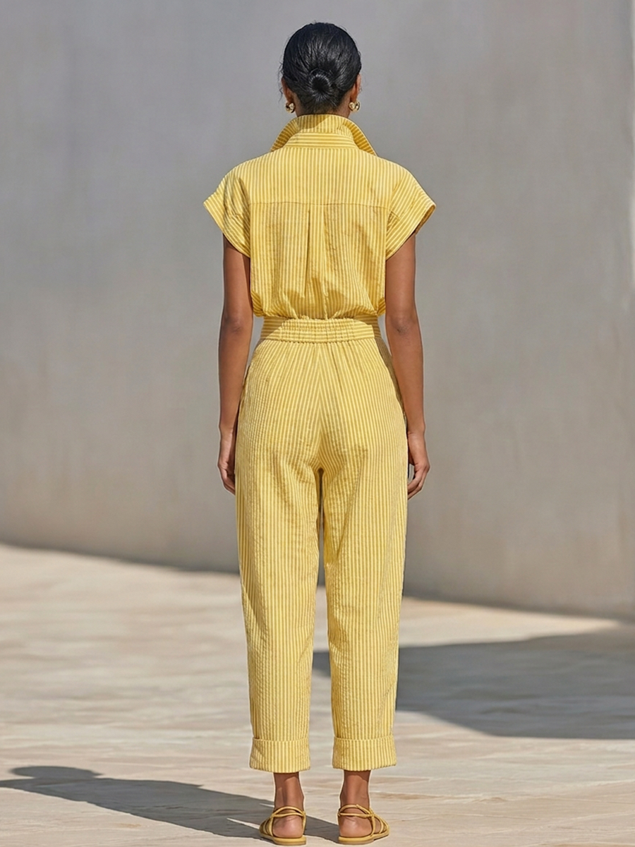 Lemon Vertical Striped Textured Co-ord Set for Women, Front Button Shirt and Fitted Pants with Side Pockets, Casual Relaxed Look for the Beach MDZ2203F4LYL
