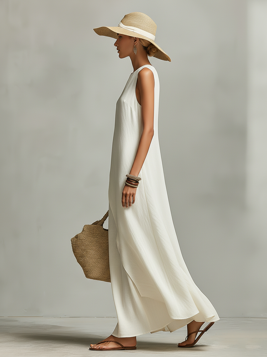 Women's Breathable Linen Dresses in Ivory with Sleeveless Details and Asymmetrical Hem, Modern Casual-Feminine Style Dress MDZ0408C2I