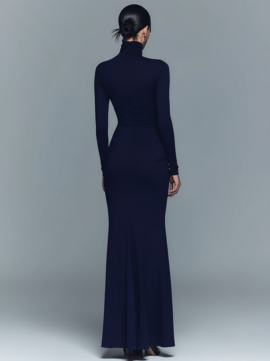 Navy Maxi Dresses for Women Made of Elegant Polyester-Cotton with High Collar MDA1742J1I