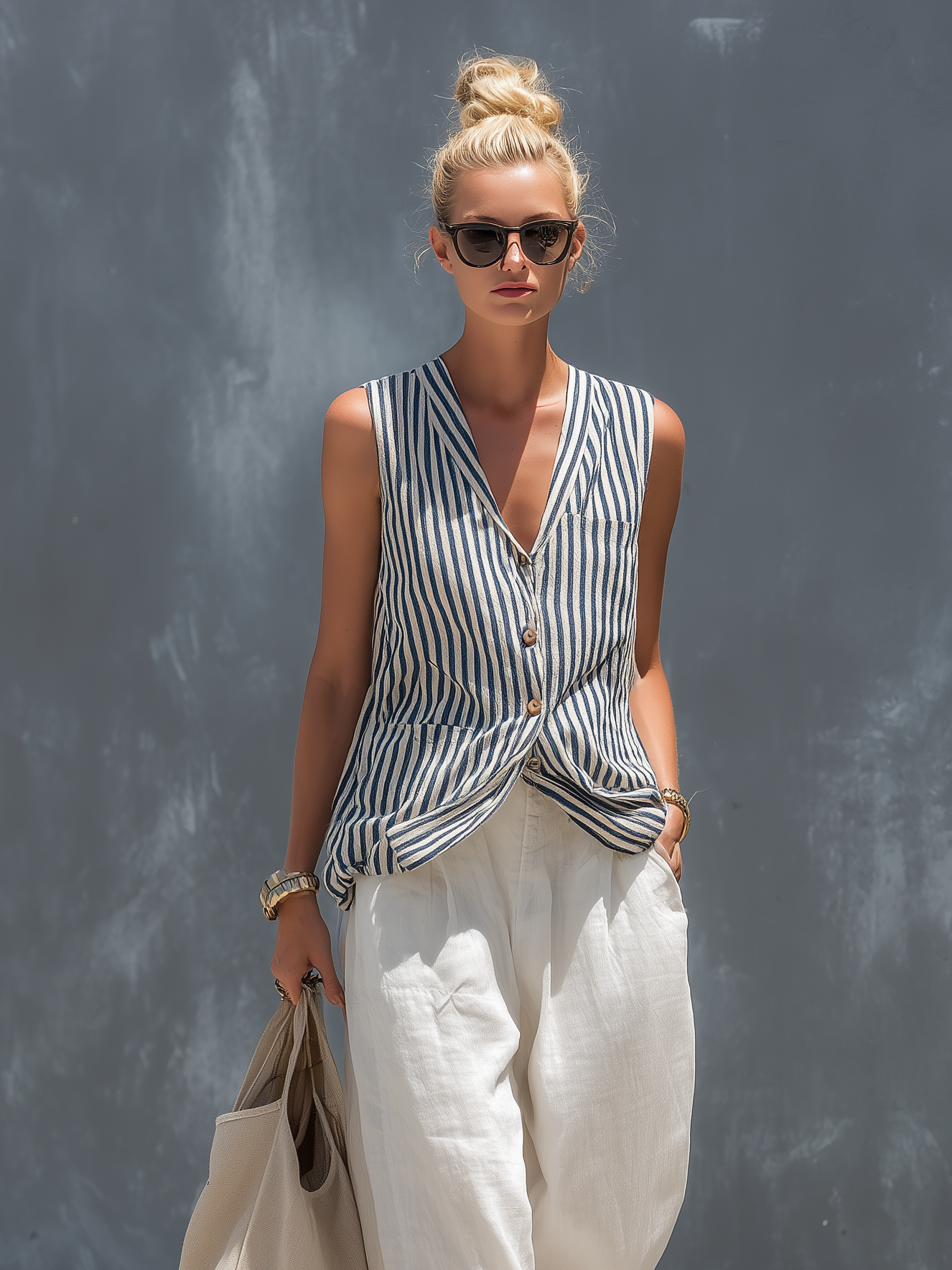 Striped Knit Tank Top for Women with Sleeveless Design Combined with White Cotton-Linen Pants Set MDZ2815B5AN