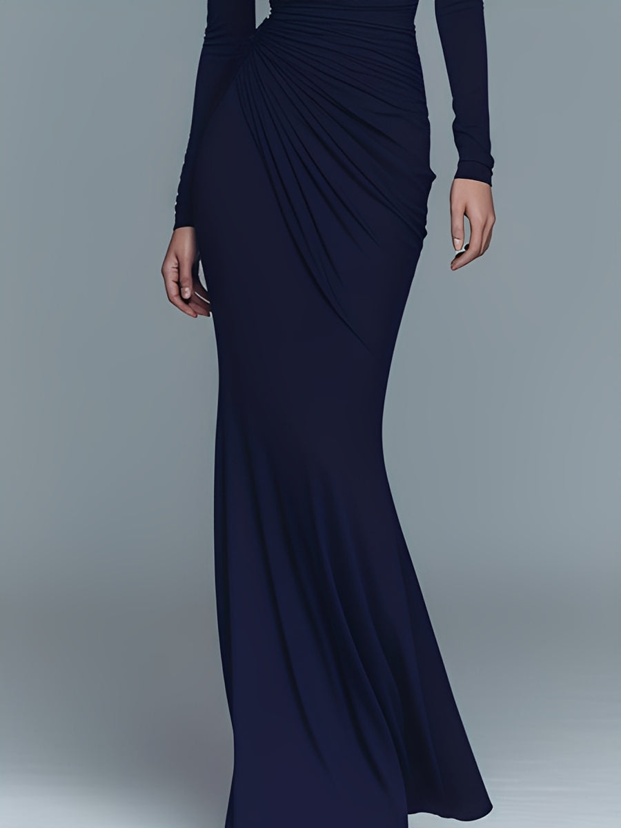 Navy Maxi Dresses for Women Made of Elegant Polyester-Cotton with High Collar MDA1742J1I