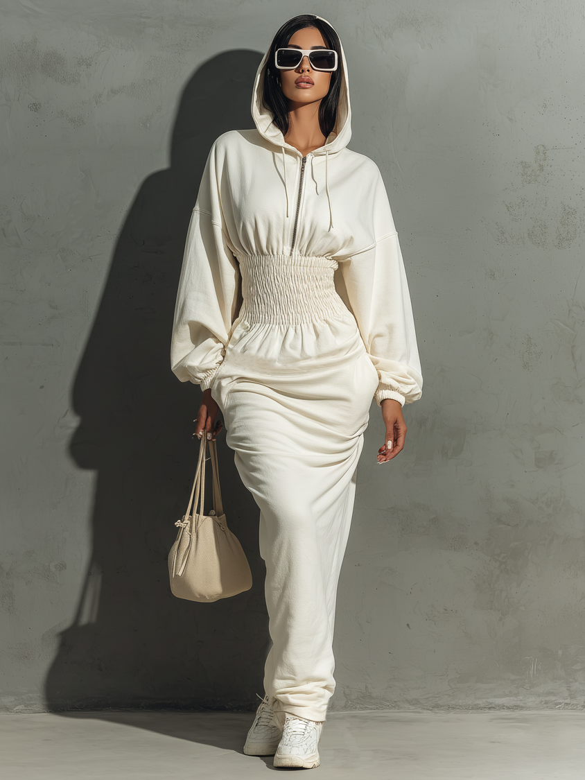 Maxi Dress with Waist Pleats, with Hood, Minimalist Style for Women MDA1965L4Y
