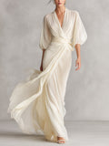 Ivory Sheer Chiffon Dresses for Women with Puff Sleeves and Wrap Details, Classic Romantic-Luxury Dress MDZ0932A1I