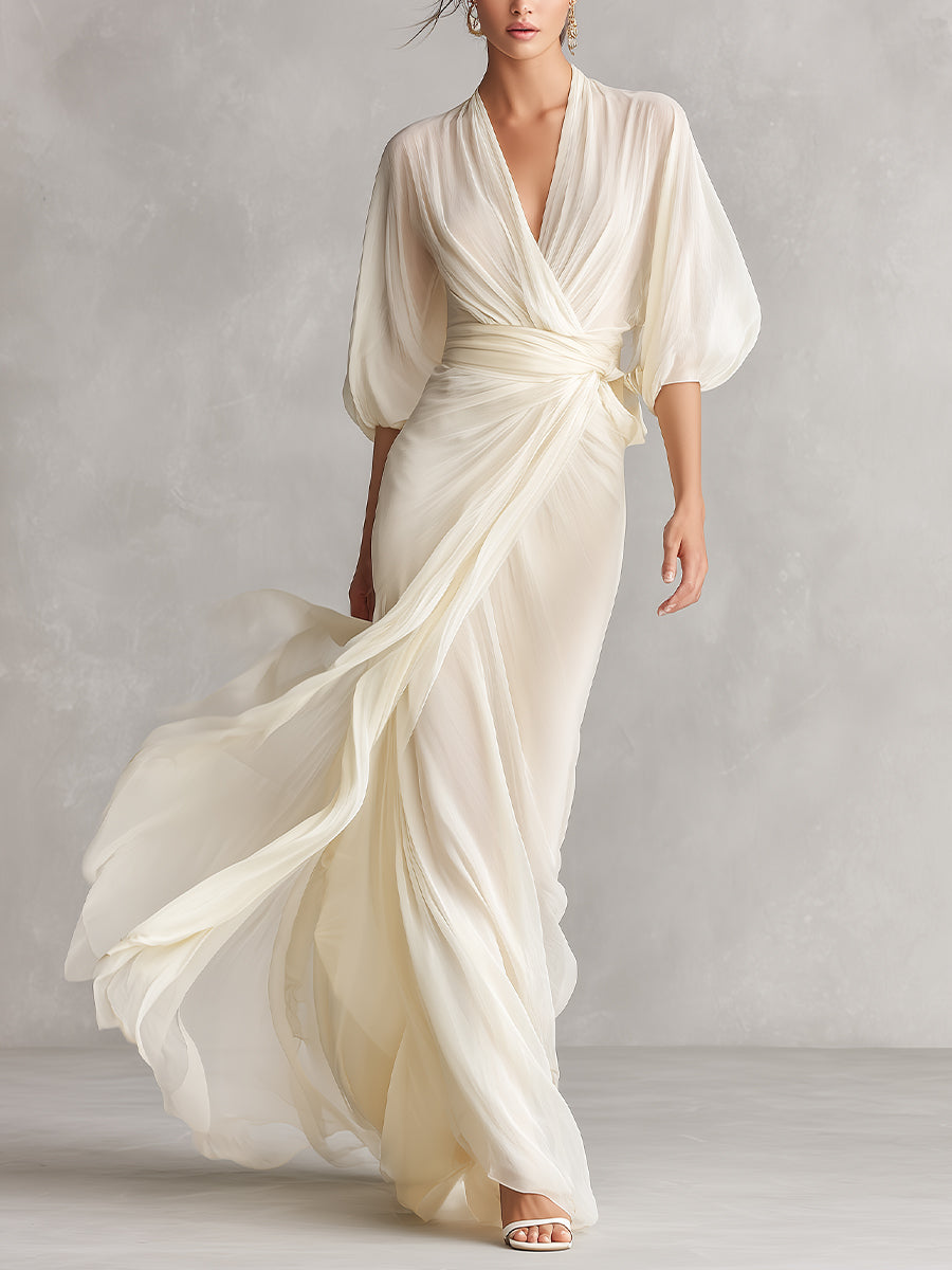 Ivory Sheer Chiffon Dresses for Women with Puff Sleeves and Wrap Details, Classic Romantic-Luxury Dress MDZ0932A1I