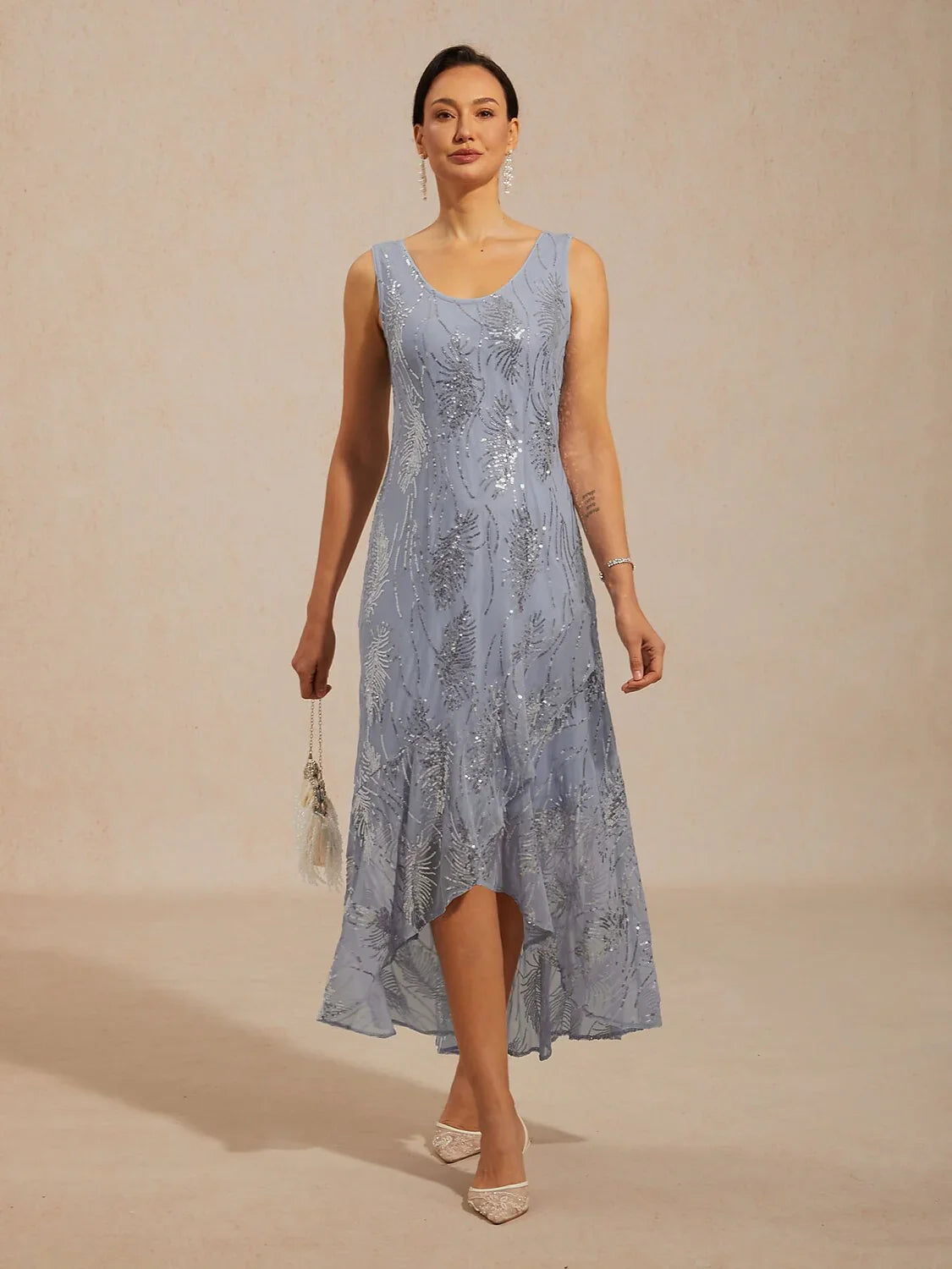 A-Line Sleeveless Maxi Dress with Sequins Overlay
