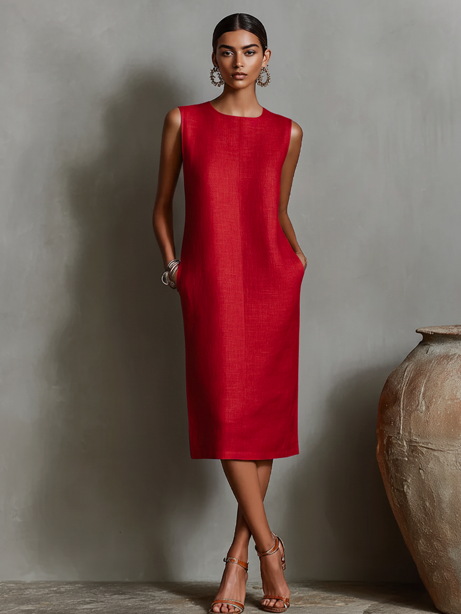Orange Linen Dress for Women with Round Neck, Sleeveless, and Side Pockets, Timeless Minimalist-Elegant Style MDZ2851C7I