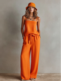 Orange Women's Two-Piece Linen Set with Square Neck Camisole Top and Wide Leg Pants, Classic Boho Resort Style MDZ0825D5I
