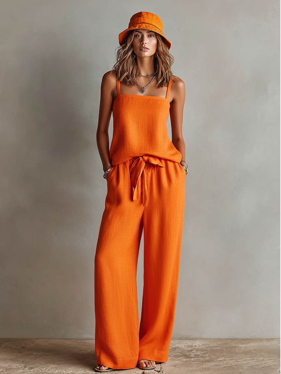 Orange Women's Two-Piece Linen Set with Square Neck Camisole Top and Wide Leg Pants, Classic Boho Resort Style MDZ0825D5I