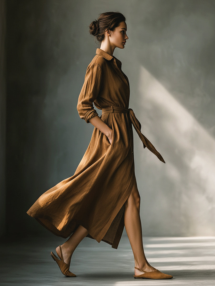 Vintage Brown Maxi Shirt Dresses for Women MDA2898G6I
