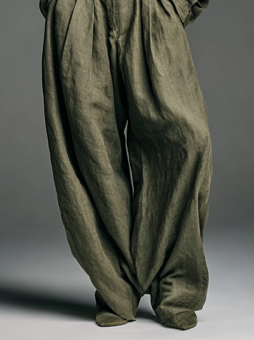 Double Set for Women Made of Cotton and Linen with Long Sleeve Shirt and Wide Pants
