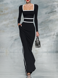 Fitted Maxi Dresses with Square Neckline and Long Sleeves in Black and White MDA1698G8Y