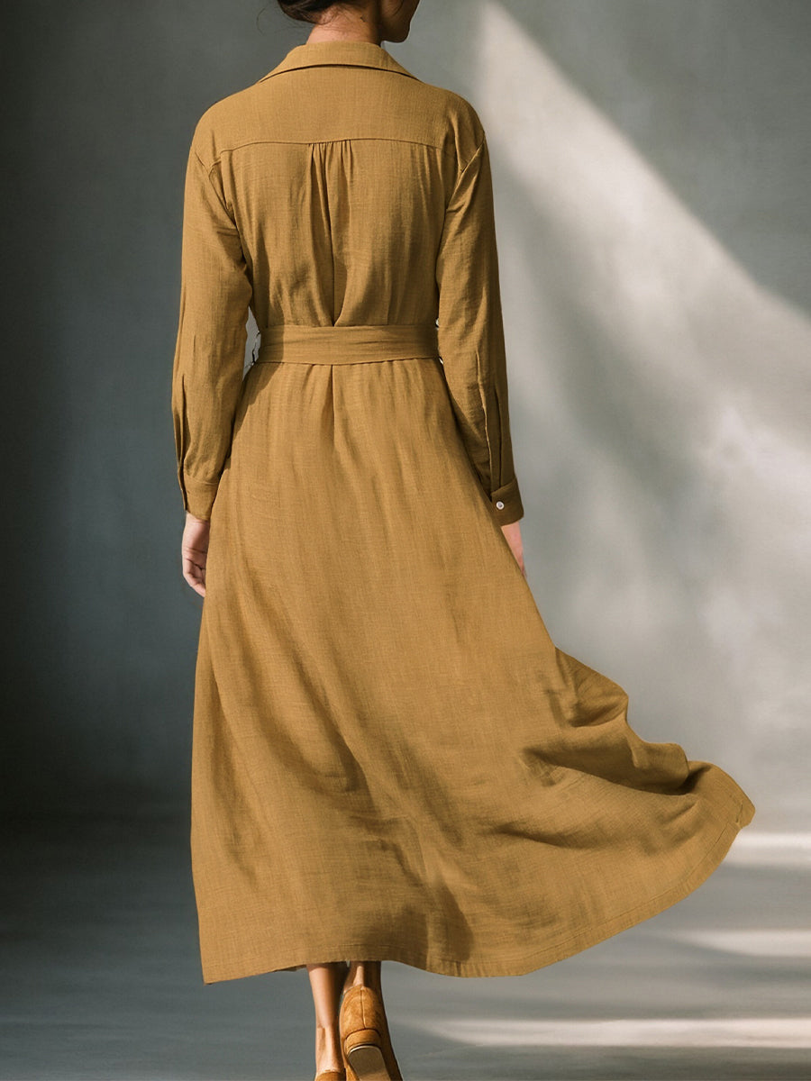 Refined Linen Blend Button Dresses for Women - Mustard Belted Mini Dress MDA1800I6I