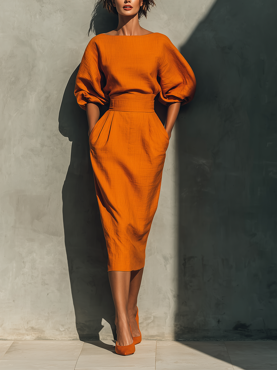 Medium Sleeve Top Set with Midi Skirt for Women in Orange