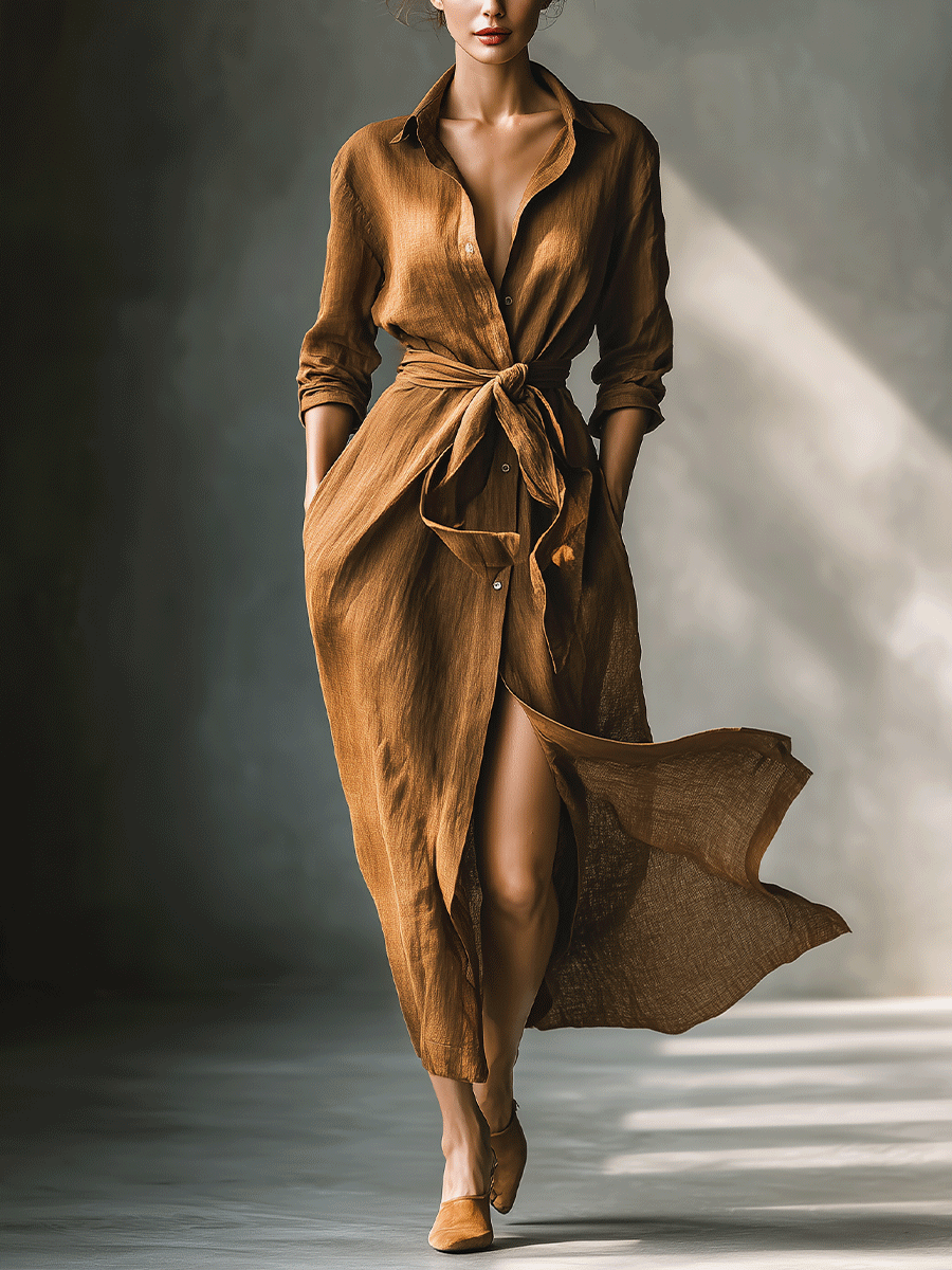 Vintage Brown Maxi Shirt Dresses for Women MDA2898G6I