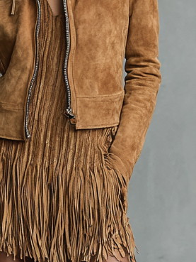 Women's Suede Leather Jacket with Collar and Zipper MDA2545H7Y