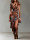 Martina - Midi Pleated Dress with V-Neck, featuring an Abstract Artistic Print in Bohemian Style