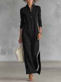 Maxi Dresses for Women with Button Collar in Minimalist Style with White Edges