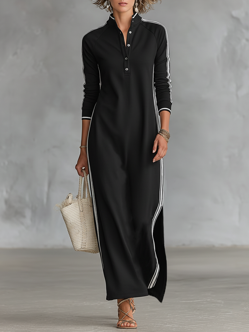 Maxi Dresses for Women with Button Collar in Minimalist Style with White Edges