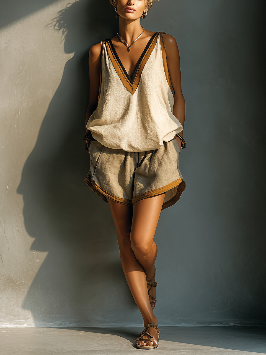 Two-Piece Set Tank Top with V-Neck and Khaki Skirt for Women in Beige MDZ2086C2T