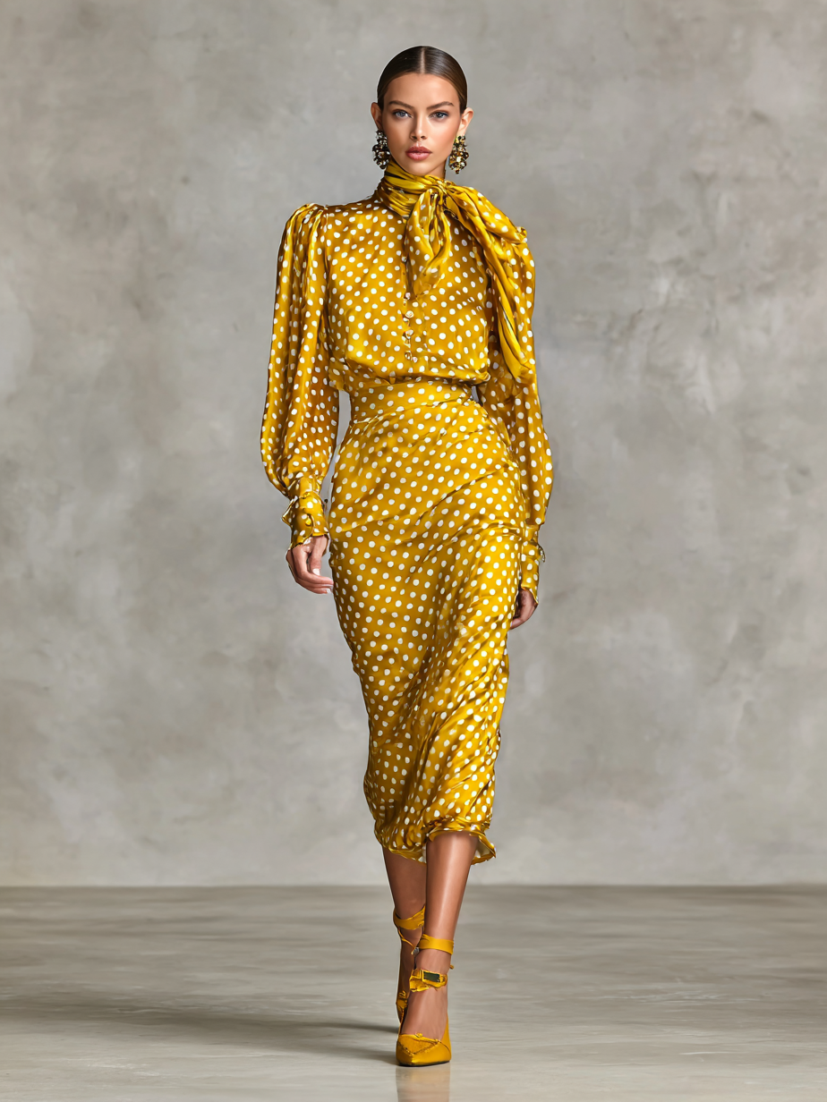 Vintage Silk Top and Skirt Set with Polka Dot Print for Women (Scarf Not Included) MDA3073G0Y