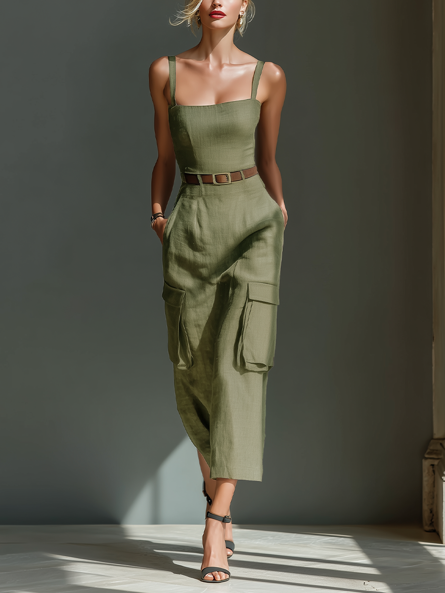 Olive Green Midi Dress for Women Made of Linen Fabric, Sleeveless with Cargo Pockets and Waist with Belt MDZ2753A1T