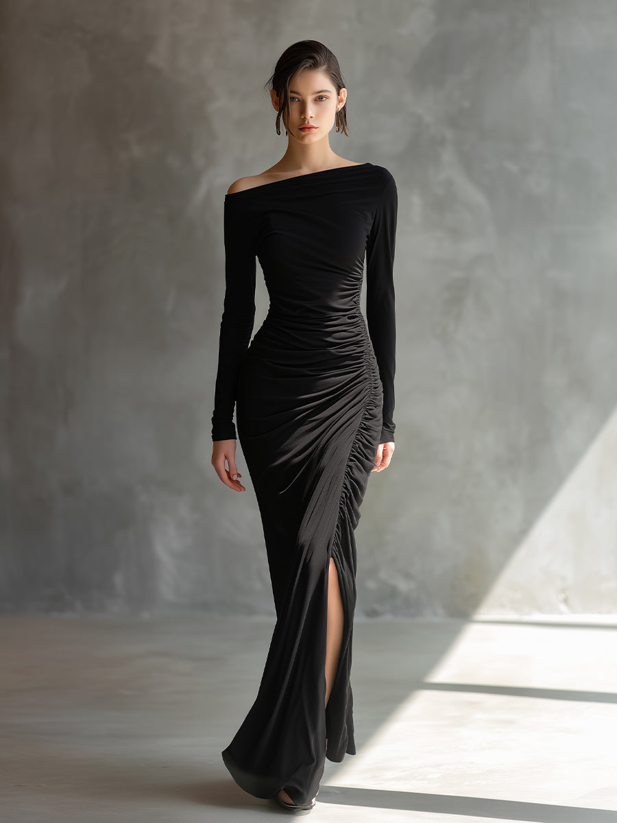 Elegant Black Maxi Dresses for Women with Exposed Shoulders and Rips MDA2125H9I