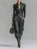 Women’s PU Leather Top and Pants Set with Zipper and Collar (No Belt) MDA2743H0Y