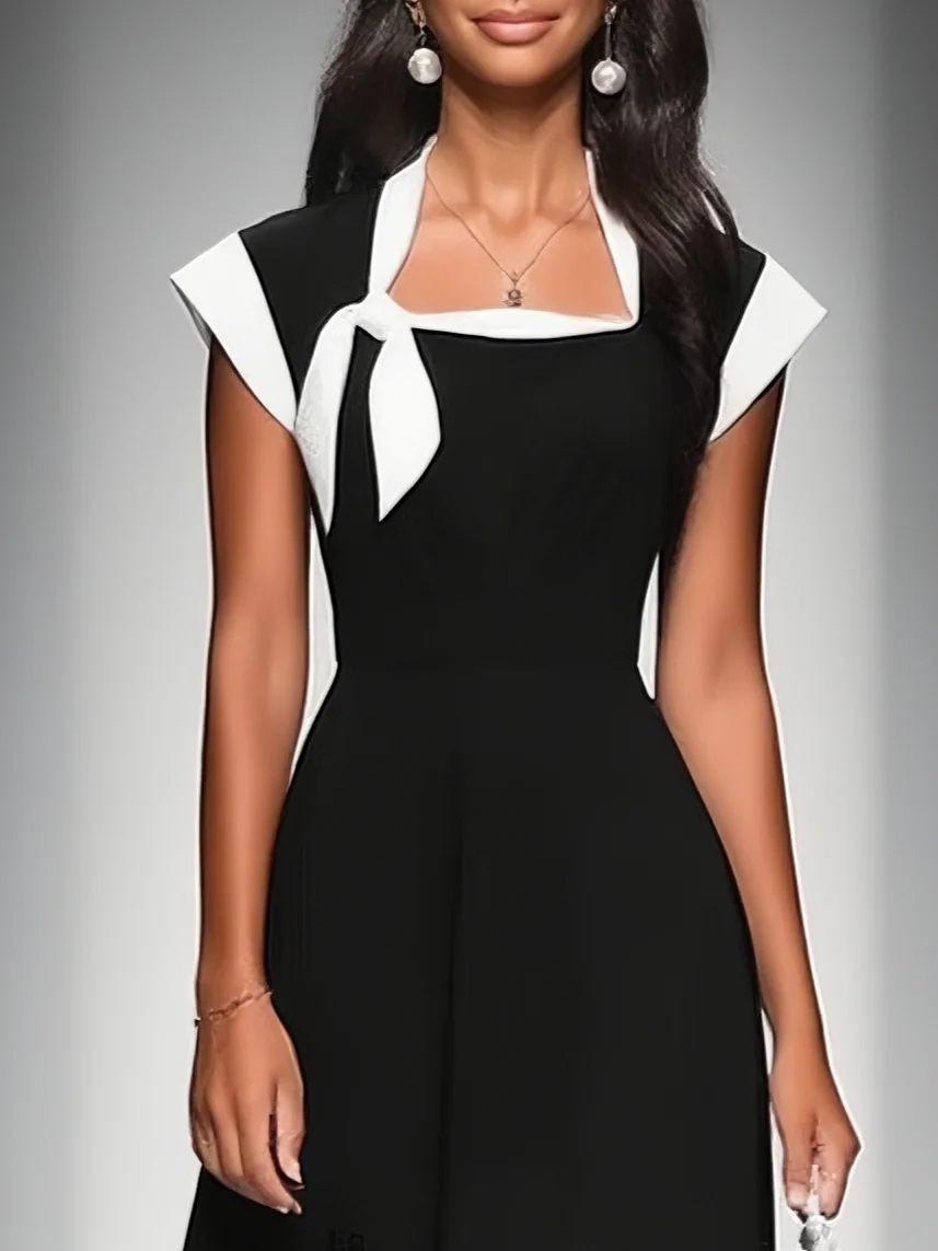 Midi Dress for Women with Square Neckline, Cap Shoulder Sleeves, Varied Colors MDA2447F4Y