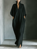 Maxi Dress with Wide Kimono Sleeves for Women in Black Cotton Fabric with Pockets MDZ0577A3T
