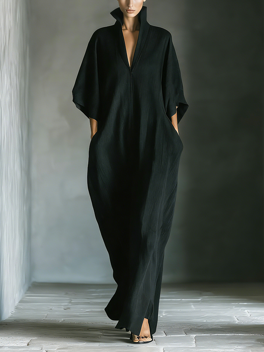 Maxi Dress with Wide Kimono Sleeves for Women in Black Cotton Fabric with Pockets MDZ0577A3T