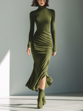 Maxi Dress for Women in Military Green with High Neck, Stretch Fabric, and Fitted Look MDA0556K1T