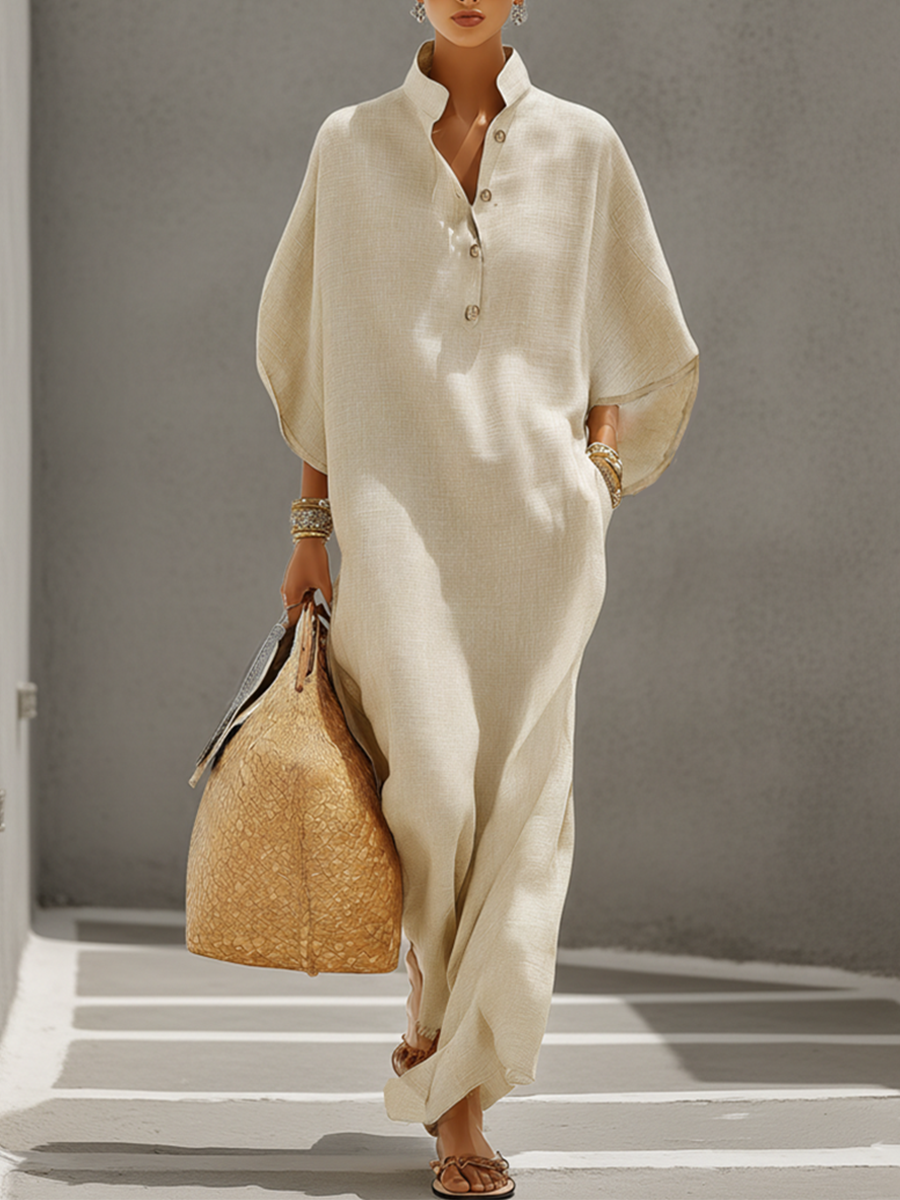 Linen Grain Dresses for Women with Mandarin Collar and Dolman Sleeves, Timeless Everyday Vacation Style Dress MDZ0552B1I