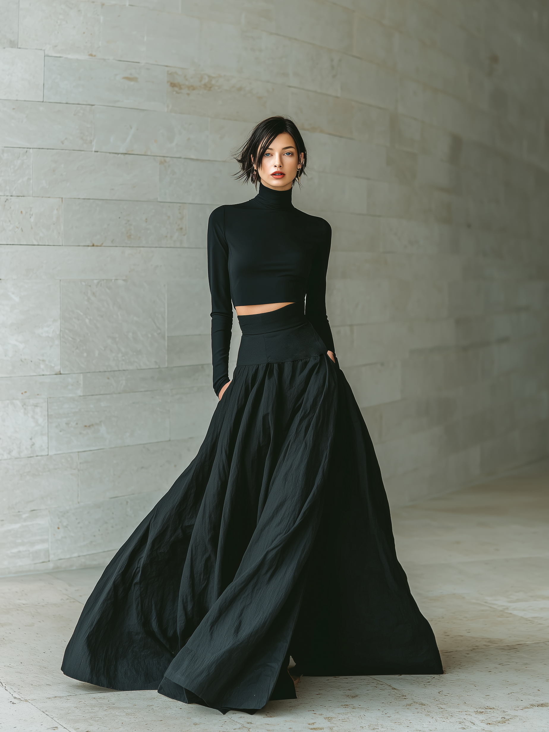 Fashionable and Elegant Women's Black T-Shirt with High Collar, Long Sleeves, Cropped, Paired with a Long Black Skirt MDA2692K3AN