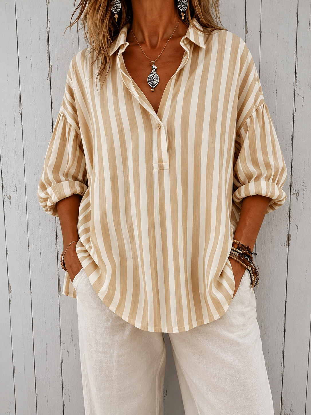 Shirt | Loose Blouse with Stripes and Collar