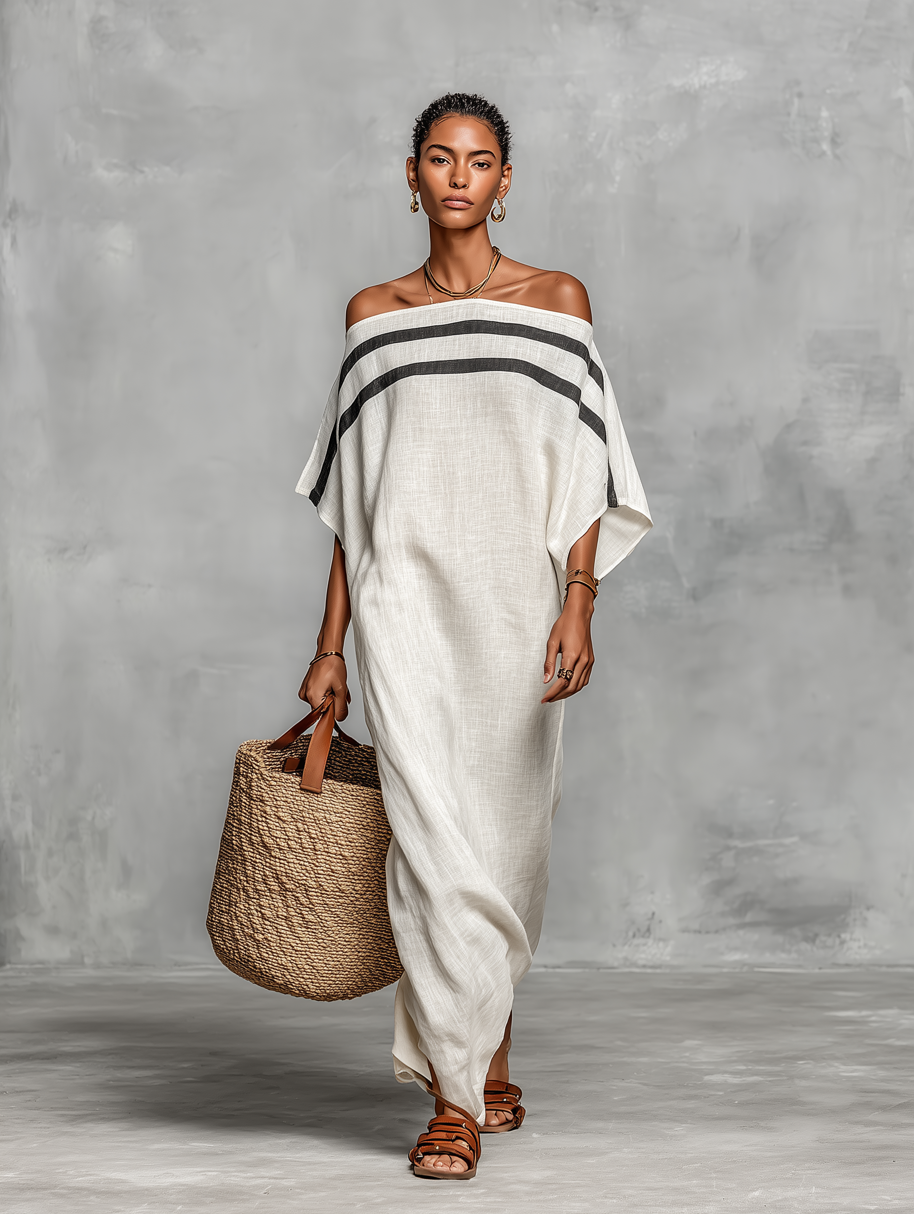 Maxi Dresses for Women in Minimalist Style Made from Linen Blend with Batwing Sleeves and Off-Shoulder MDZ0949A8Y