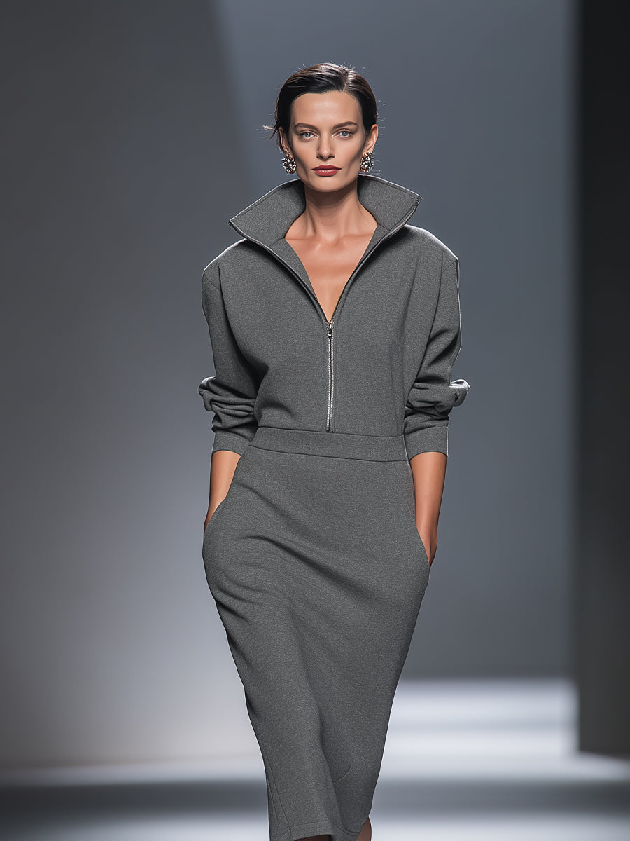 Casual Midi Dresses for Women with Half Zipper MDA0570H1I