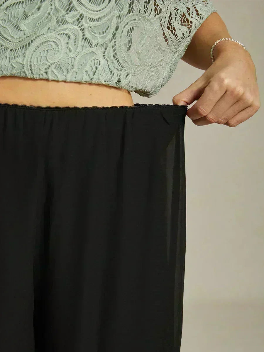 Straight Leg Pants with Chiffon Layer and Cut