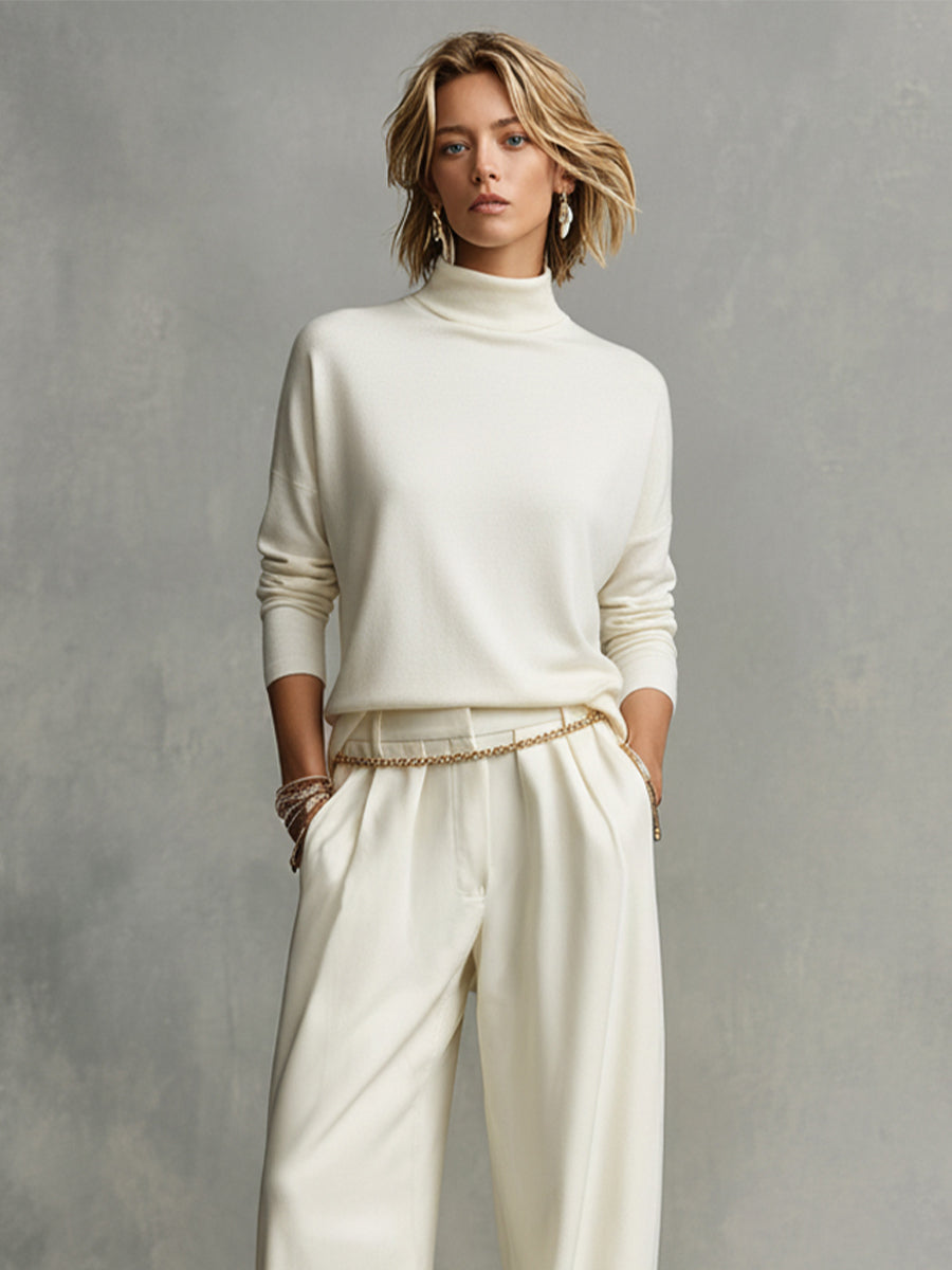 Women's Turtleneck Top in Cream Color with Wide and Spacious Pants MDA0185K5I