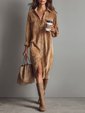 Midi dresses with double chest pockets for women, made of loose corduroy fabric, one-sided closure MDA0295I8Y