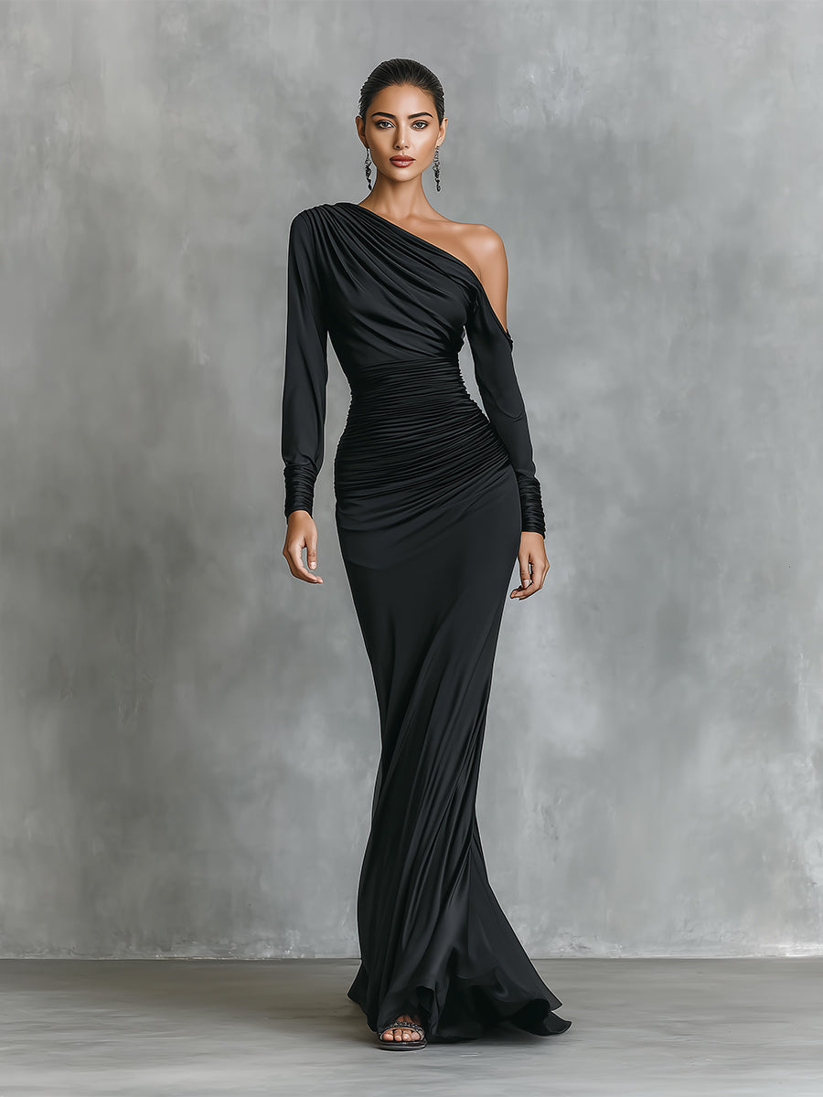 Elegant Black Maxi Dresses for Women with One Shoulder and Ruffles MDA2278I0I