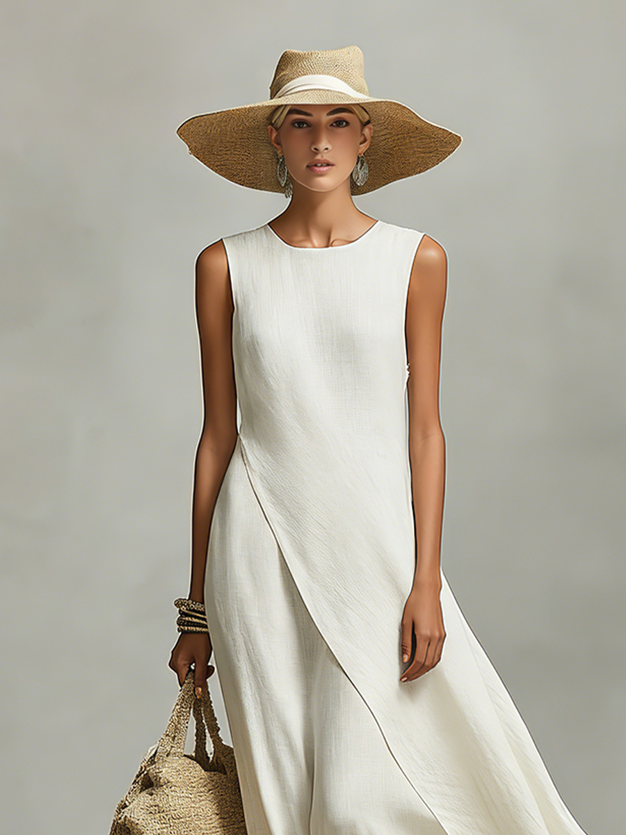 Women's Breathable Linen Dresses in Ivory with Sleeveless Details and Asymmetrical Hem, Modern Casual-Feminine Style Dress MDZ0408C2I