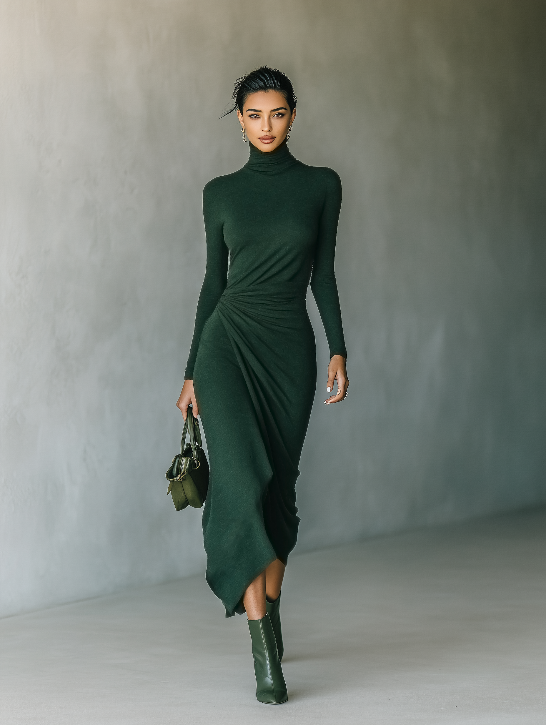 Dark Green Midi Dresses for Women with High Stretch in Sweater Style with High Collar MDA2023J2T