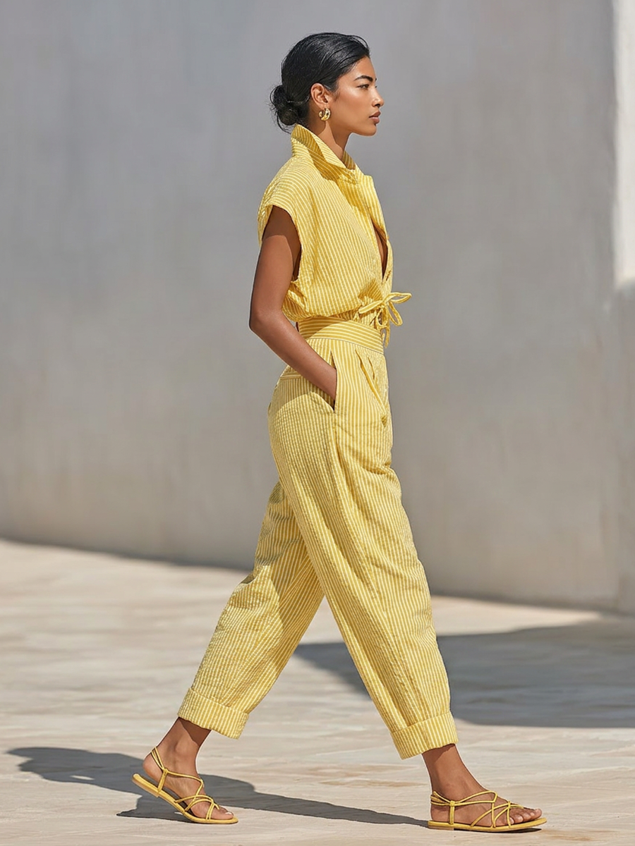 Lemon Vertical Striped Textured Co-ord Set for Women, Front Button Shirt and Fitted Pants with Side Pockets, Casual Relaxed Look for the Beach MDZ2203F4LYL