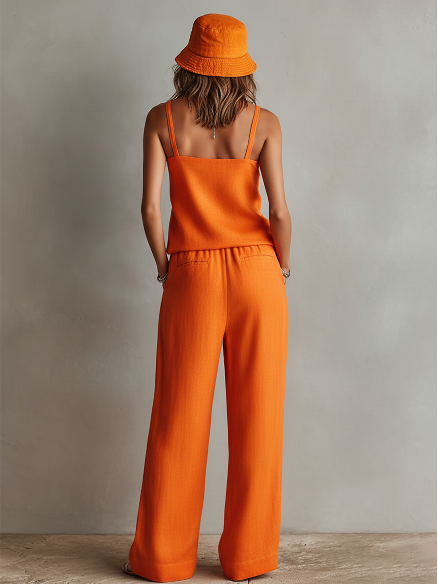 Orange Women's Two-Piece Linen Set with Square Neck Camisole Top and Wide Leg Pants, Classic Boho Resort Style MDZ0825D5I