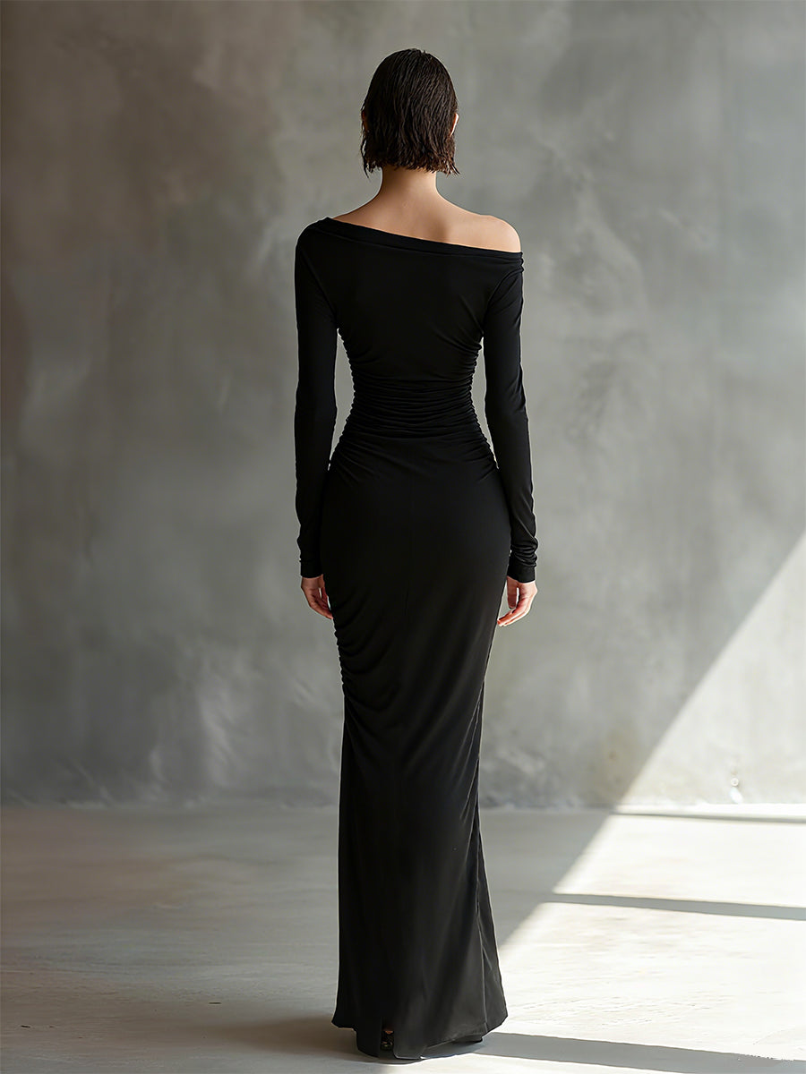 Elegant Black Maxi Dresses for Women with Exposed Shoulders and Rips MDA2125H9I