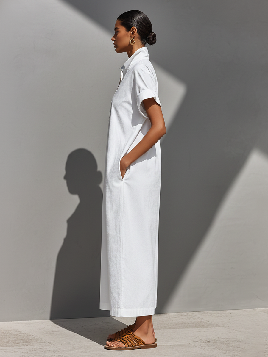 White 100% Cotton Maxi Shirt Dresses for Women with Half-Zip Collar and Rolled Sleeves, Classic Day Dress